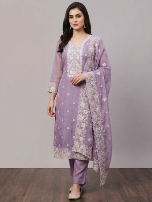 Purple Floral Embroidered Organza Dress Material - Image 1