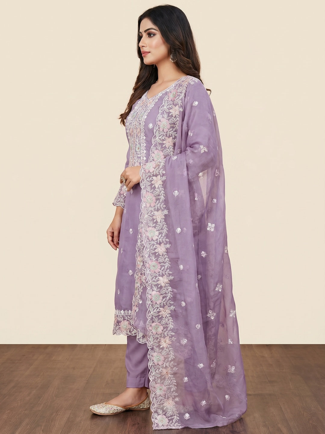 Purple Floral Embroidered Organza Dress Material - Image 2