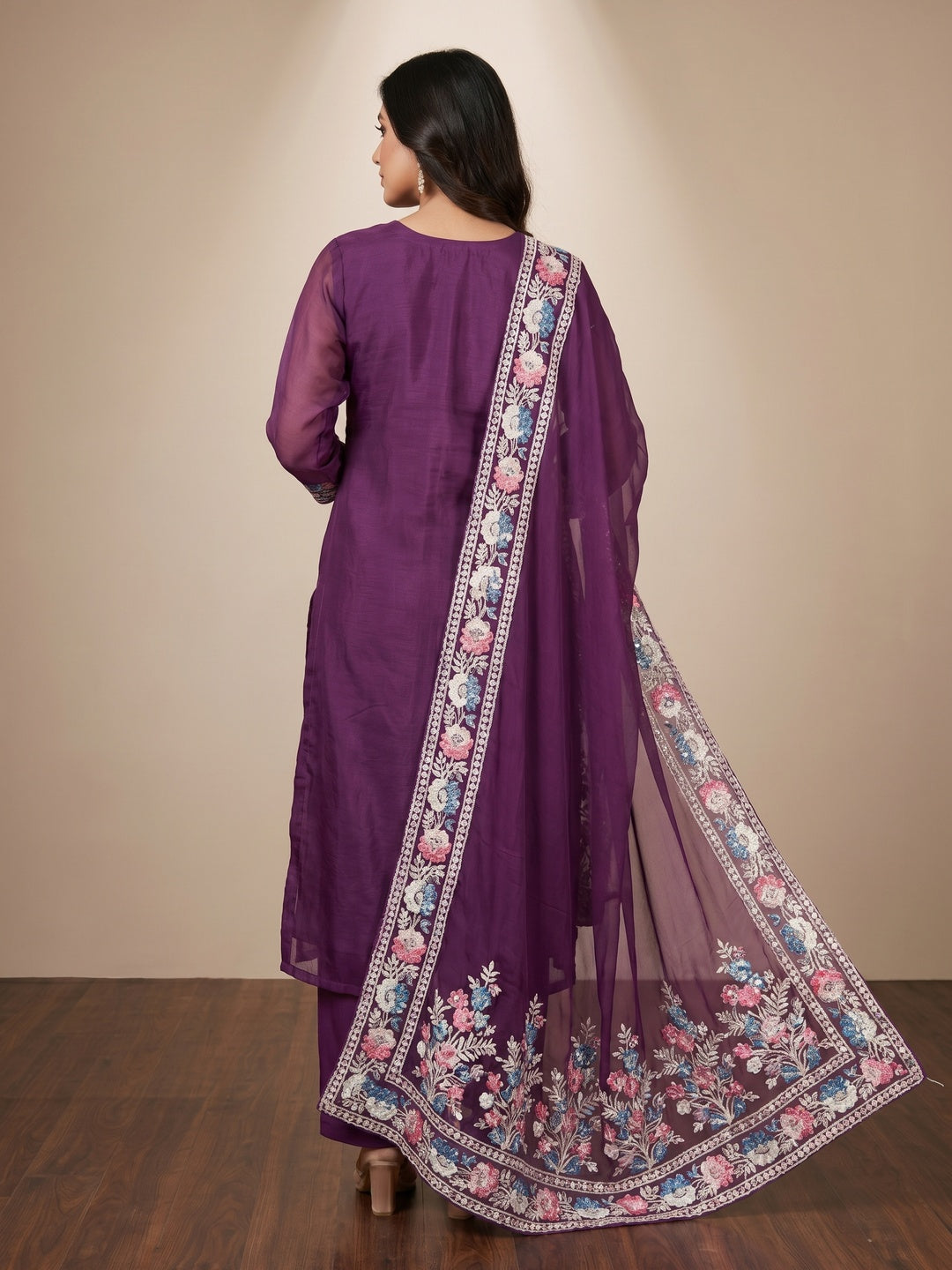 Purple Floral Embroidered Organza Dress Material - Image 3