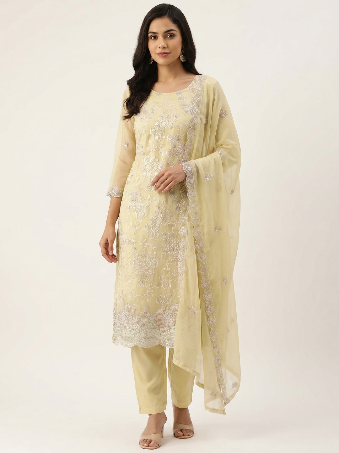 Pale Yellow Floral Sequins Embroidered Organza Dress Material - Image 1