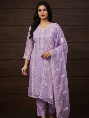 Purple Floral Embroidered Organza Dress Material - Image 1