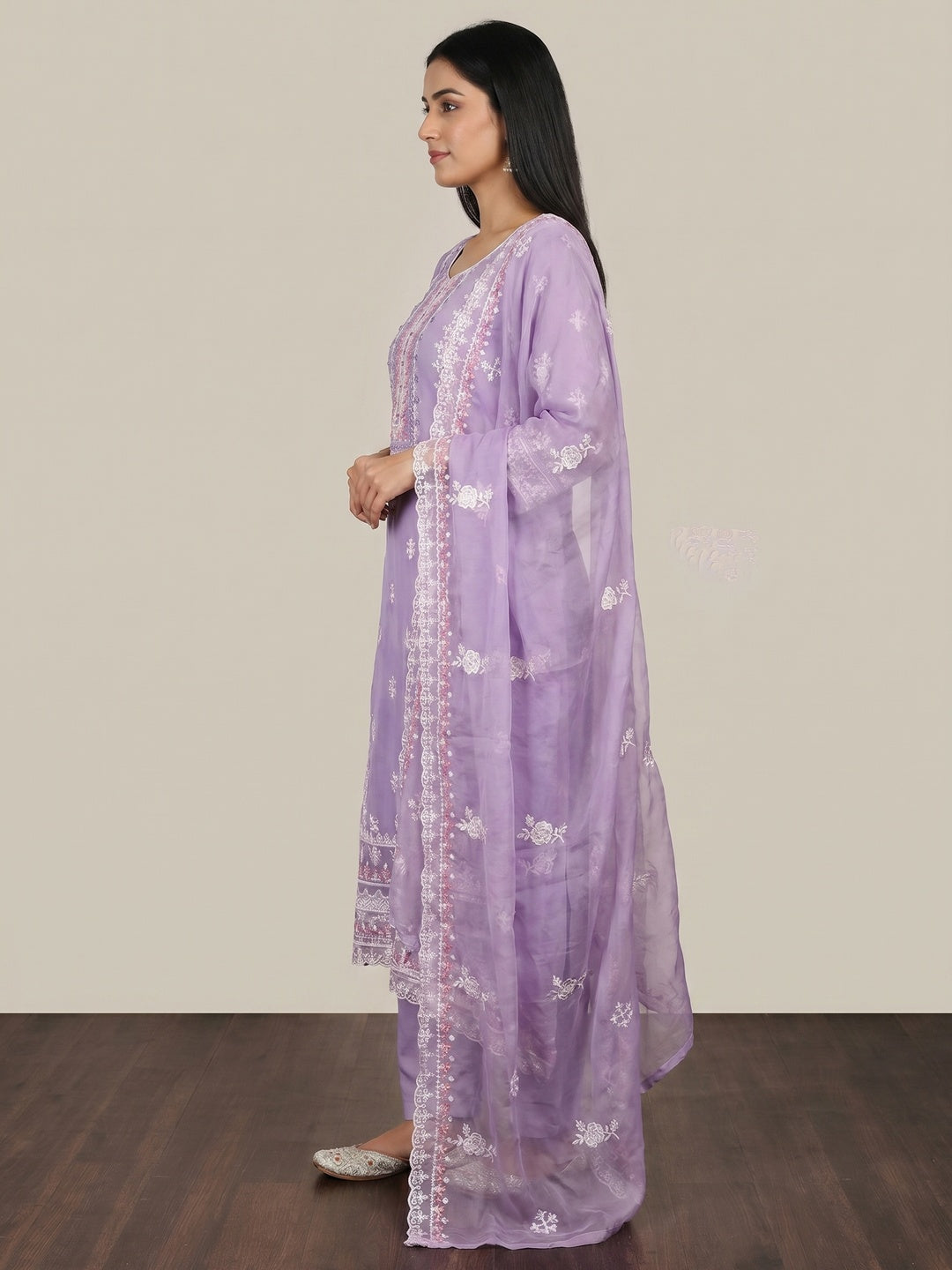 Purple Floral Embroidered Organza Dress Material - Image 3