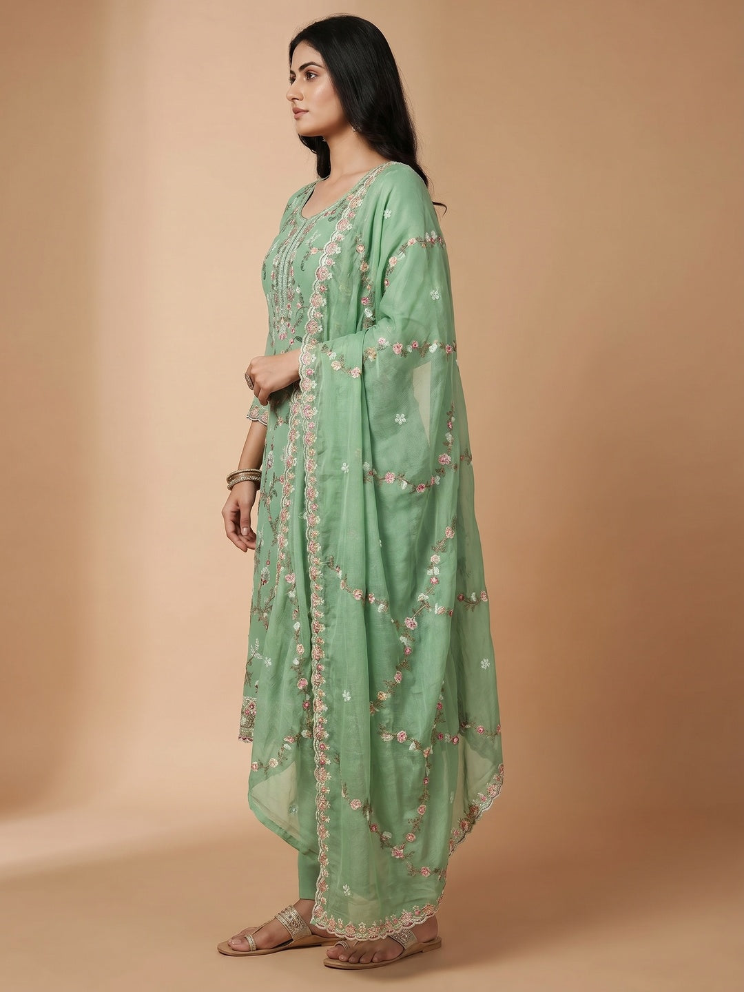 Elegant Green Georgette Embroidered Unstitched Dress Material Set - Image 3