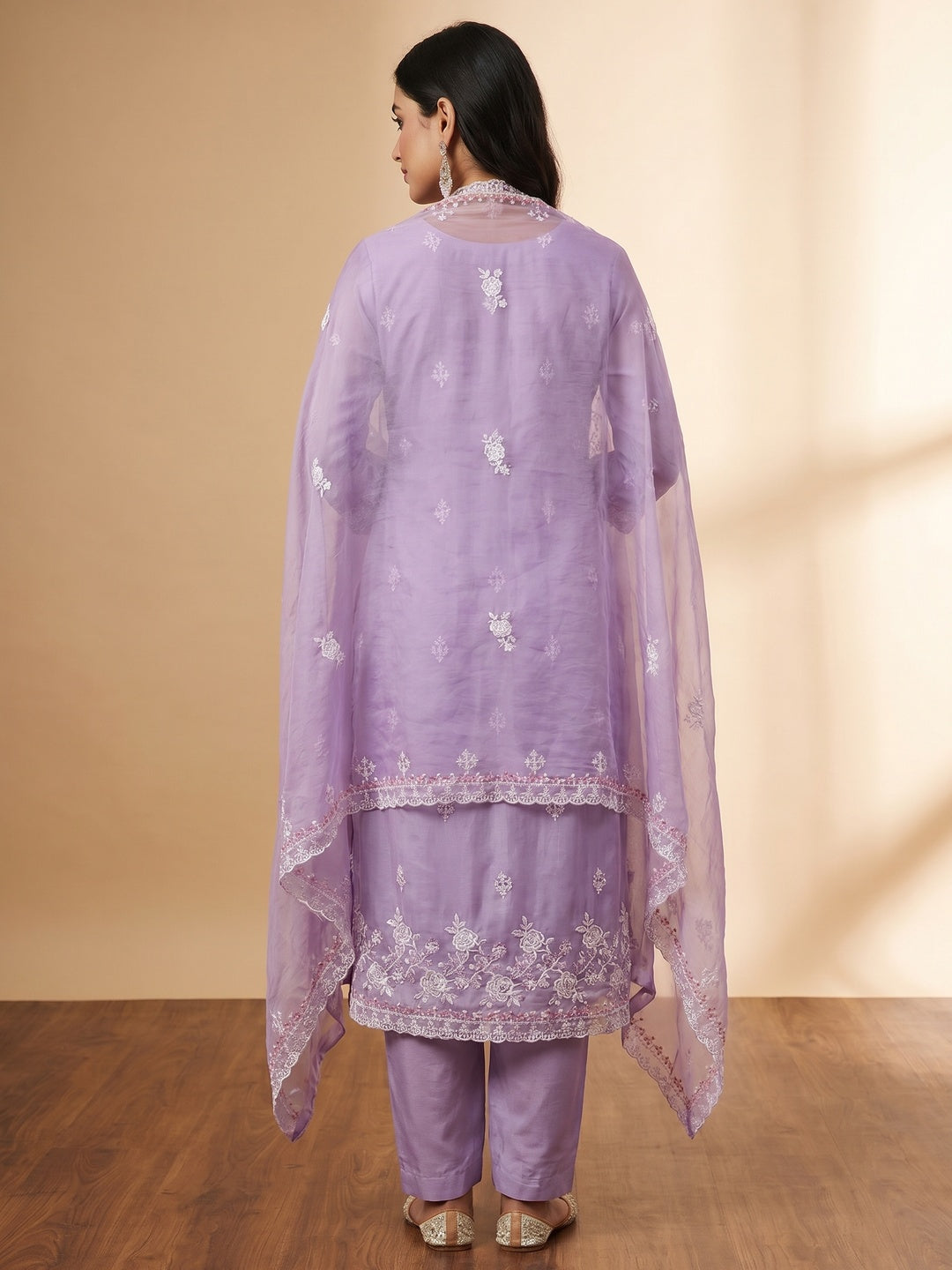Purple Floral Embroidered Organza Dress Material - Image 2