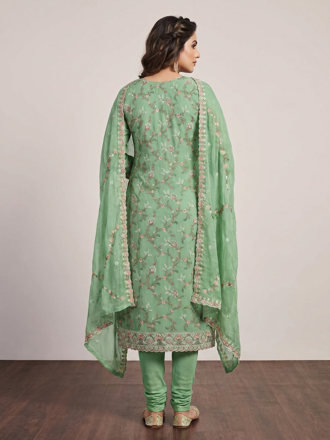 Elegant Green Georgette Embroidered Unstitched Dress Material Set - Image 2