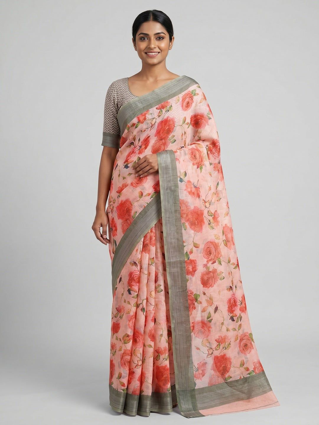 Peach Floral Digital Printed Linen Saree - Image 1