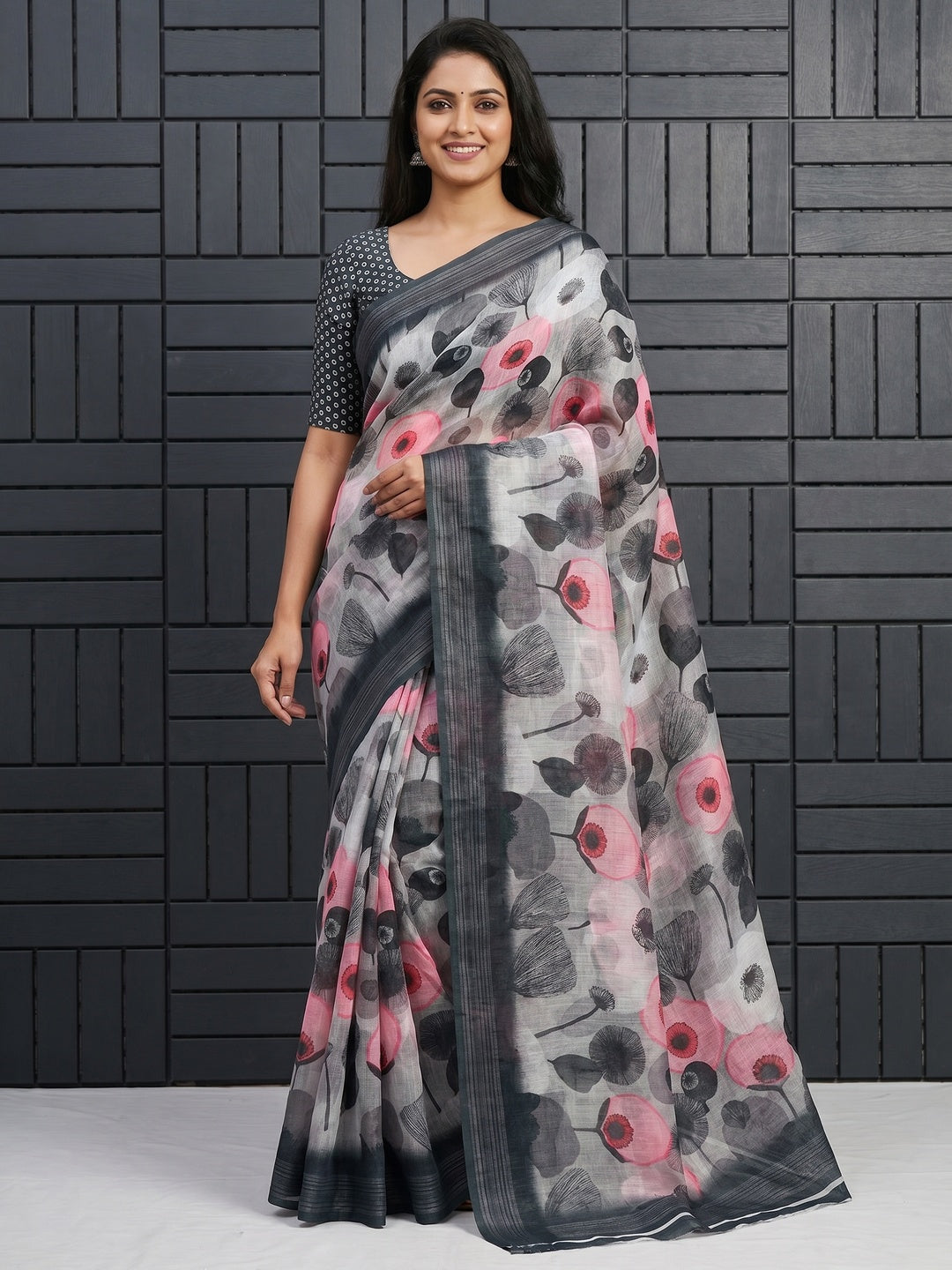Dark Grey Floral Digital Printed Linen Saree - Image 1