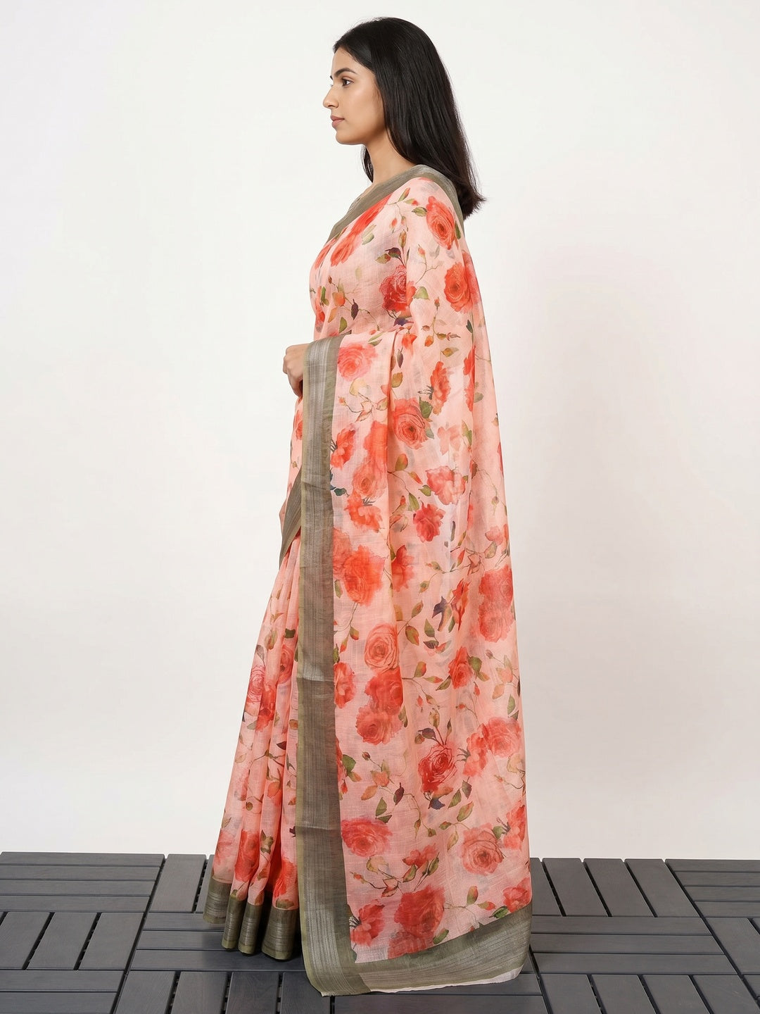 Peach Floral Digital Printed Linen Saree - Image 3