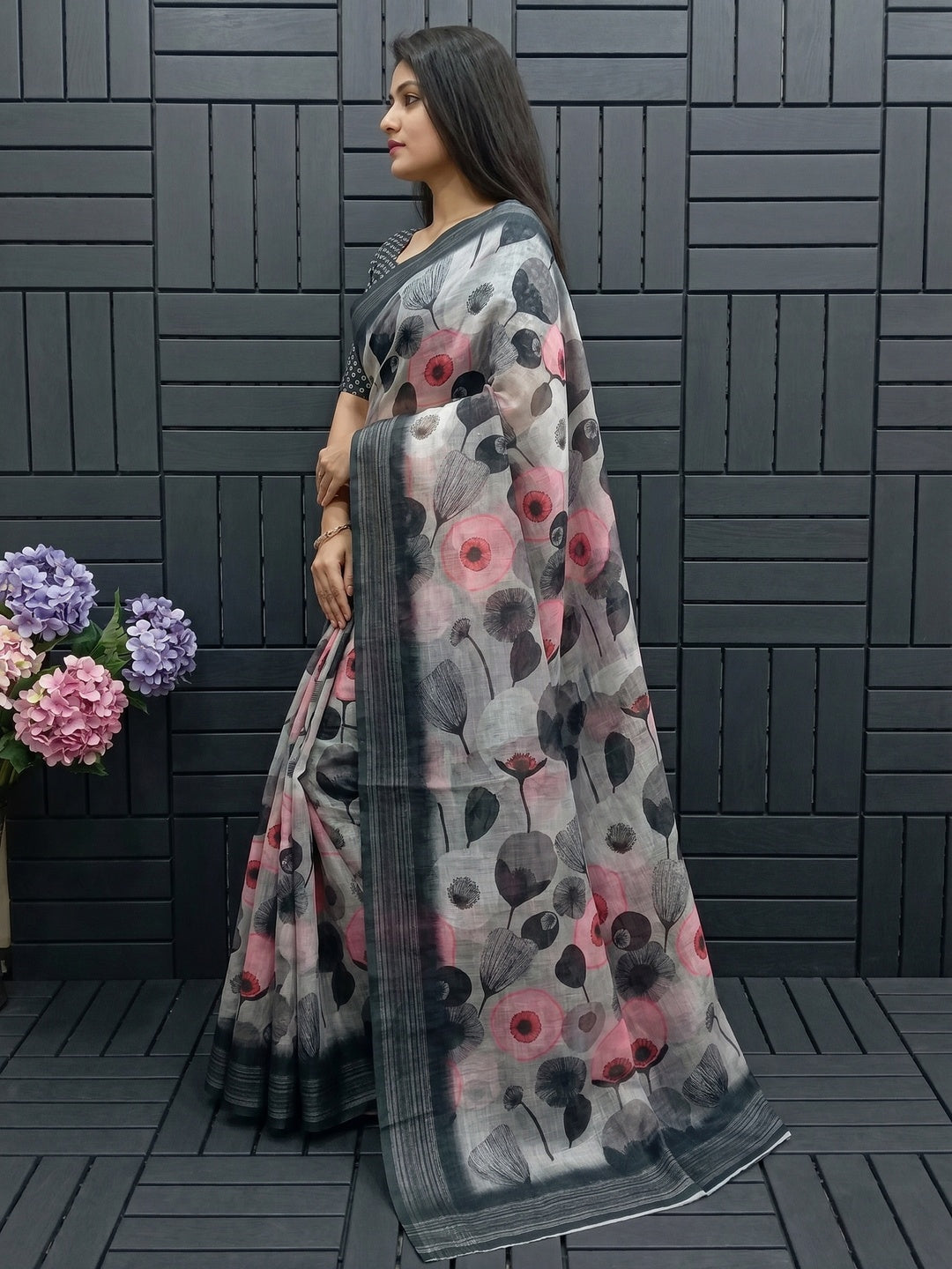 Dark Grey Floral Digital Printed Linen Saree - Image 3