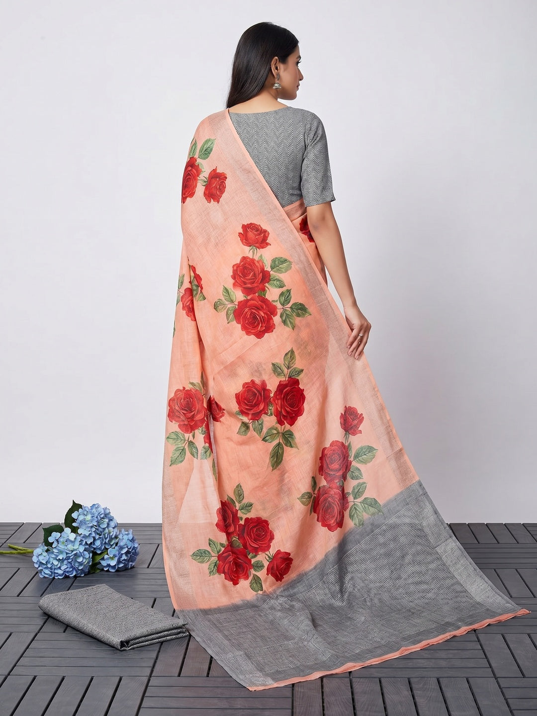 Peach Floral Digital Printed Linen Saree - Image 2