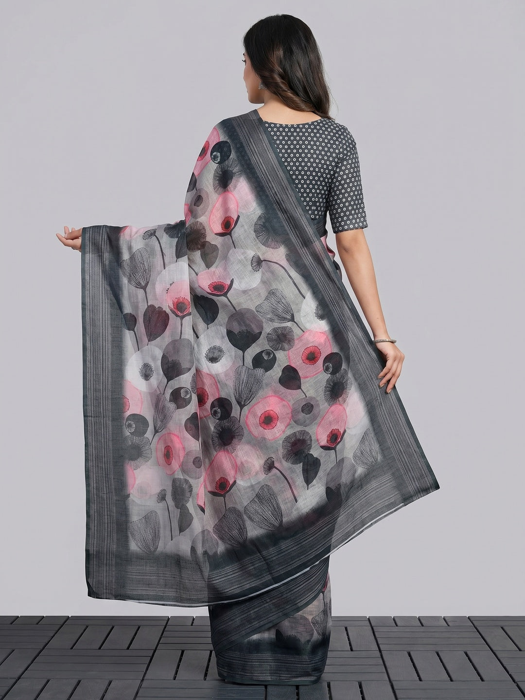 Dark Grey Floral Digital Printed Linen Saree - Image 2