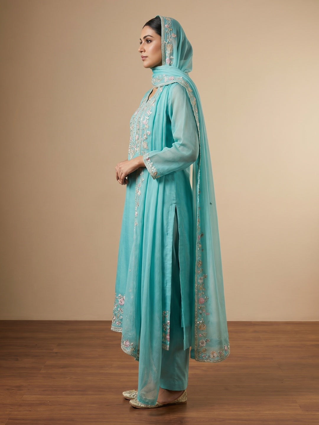 Turquoise Floral Embroidered Organza Dress Material - Image 3