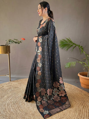 Black Women Floral Woven Kanjivaram Silk Saree - Image 1
