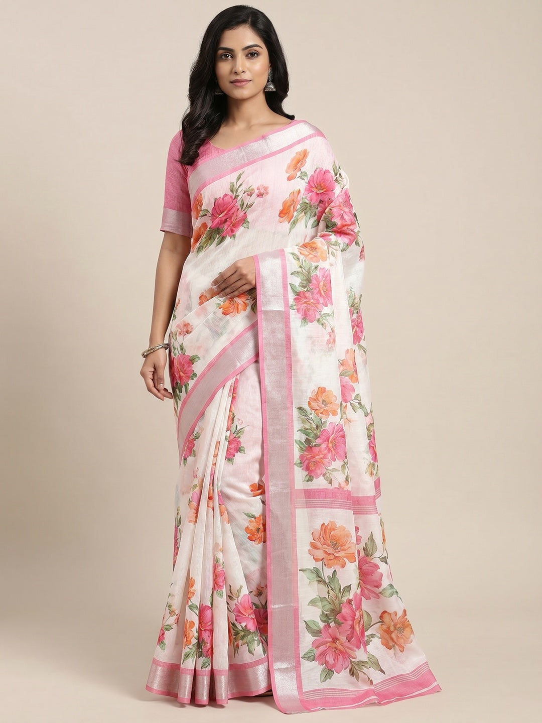 White & Pink Floral Digital Printed Linen Saree - Image 1