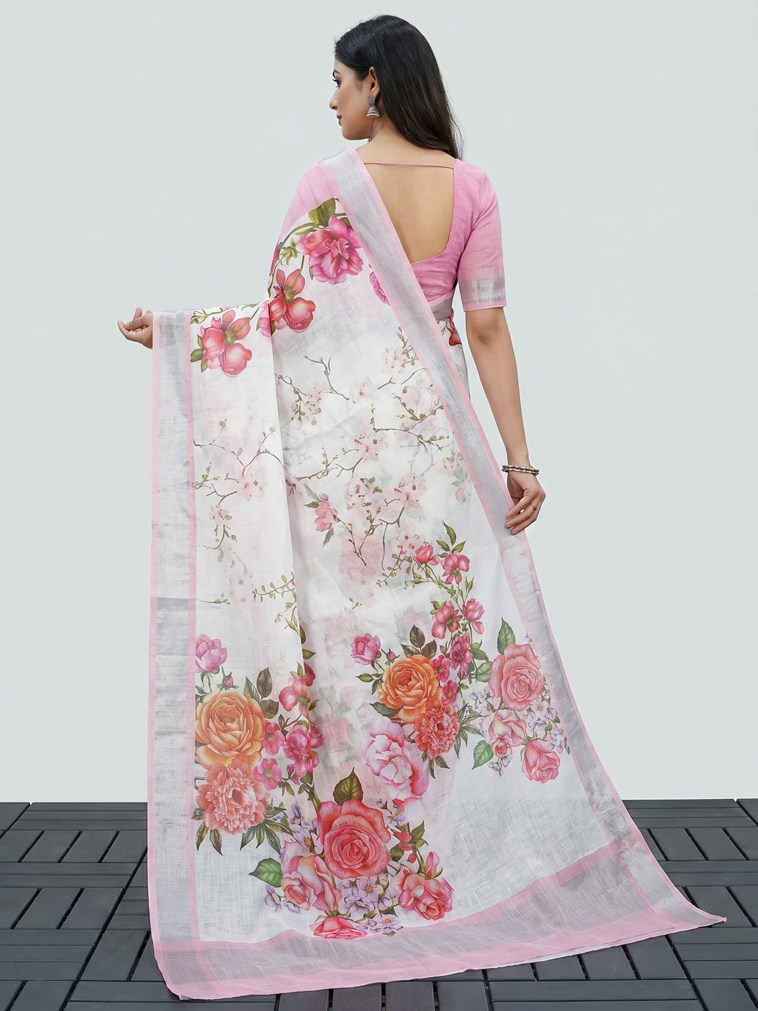 White & Pink Floral Digital Printed Linen Saree - Image 2