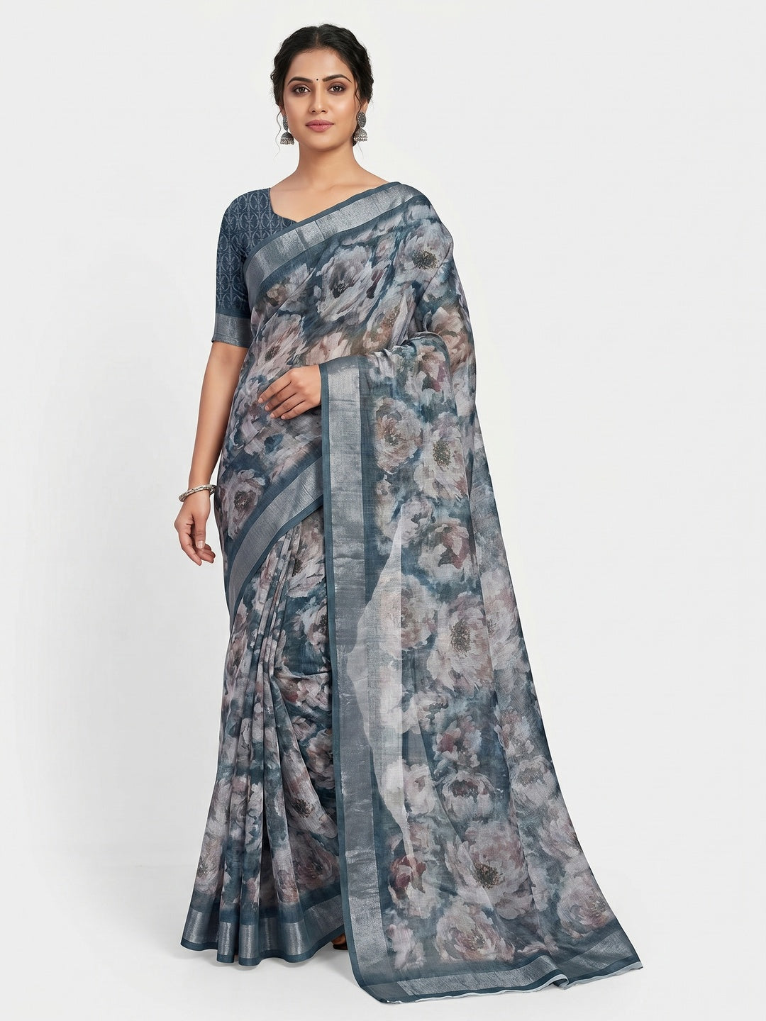 Grey Floral Digital Printed Linen Saree - Image 1