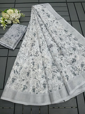 Light Grey Floral Digital Printed Linen Saree - Image 2