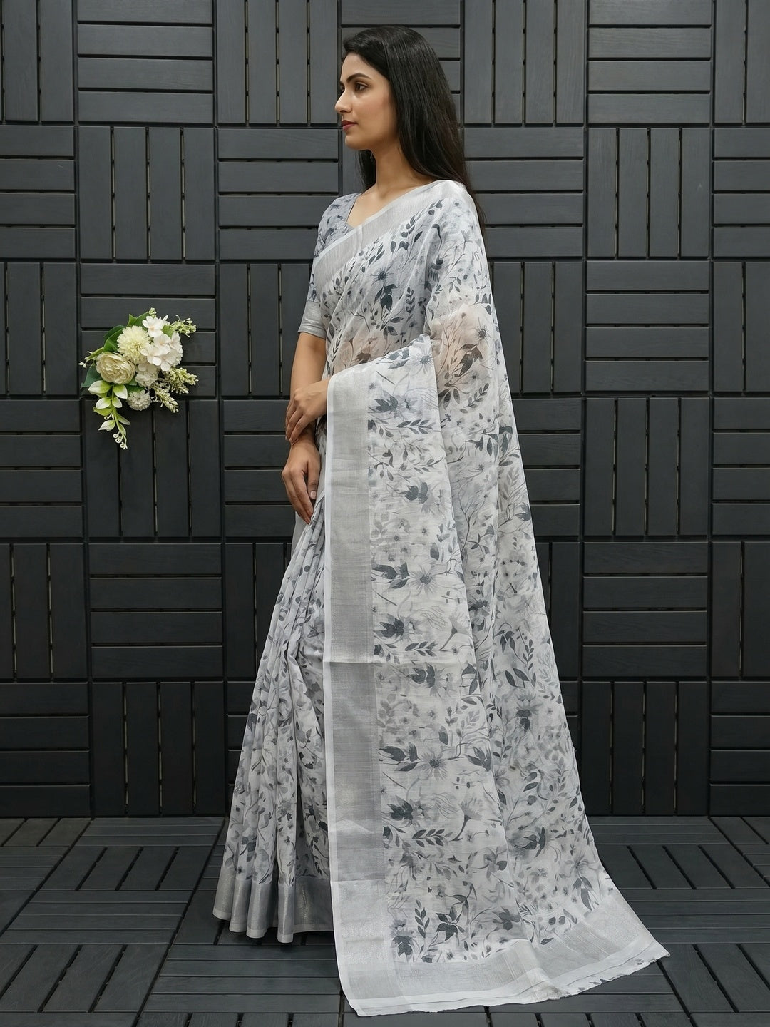 Light Grey Floral Digital Printed Linen Saree - Image 1