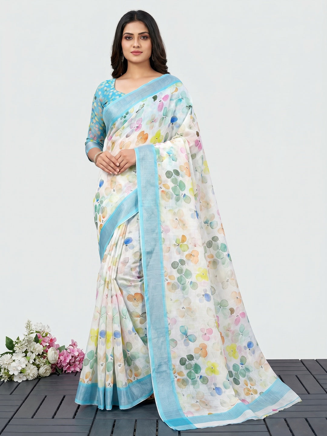 White & Blue Floral Digital Printed Linen Saree - Image 1