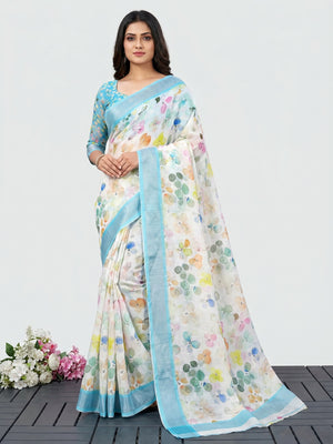White & Blue Floral Digital Printed Linen Saree - Image 1