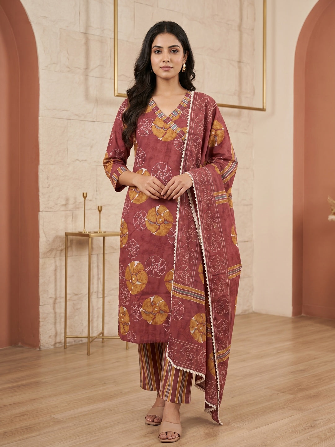 Maroon Pure Cotton Floral Printed Salwar Suit Set - Image 1