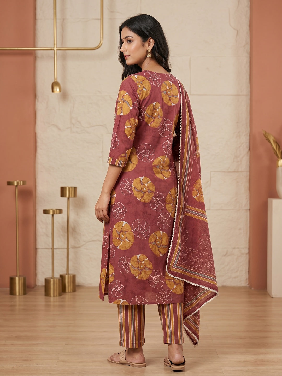 Maroon Pure Cotton Floral Printed Salwar Suit Set - Image 3