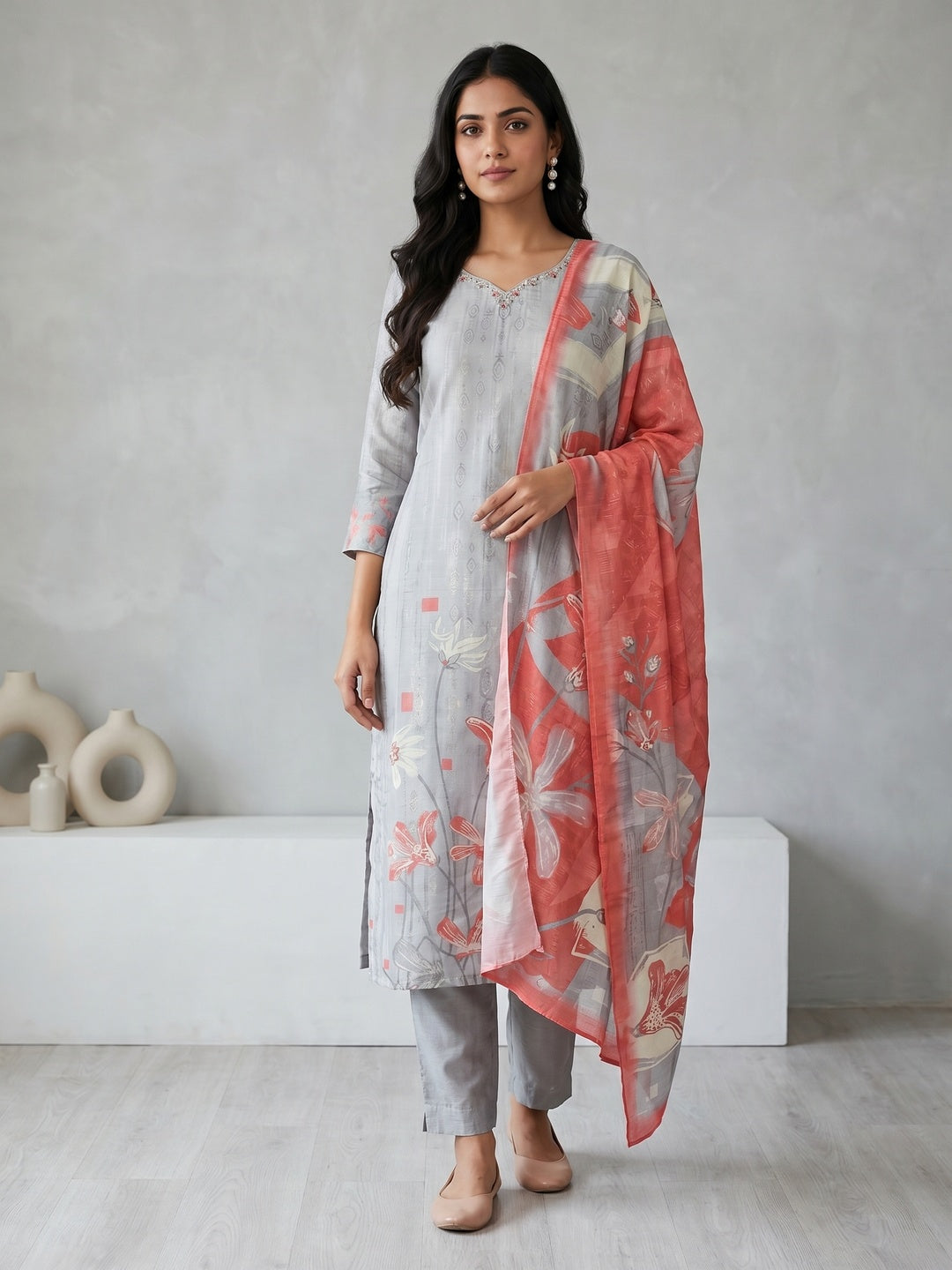 Grey Gucci Silk Floral Printed Salwar Suit Set - Image 1