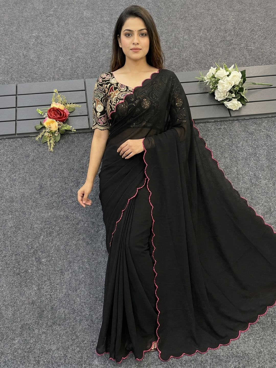 Black Solid Georgette Saree With Embroidered Border - Image 1