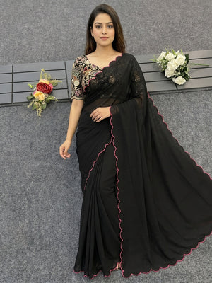 Black Solid Georgette Saree With Embroidered Border - Image 1