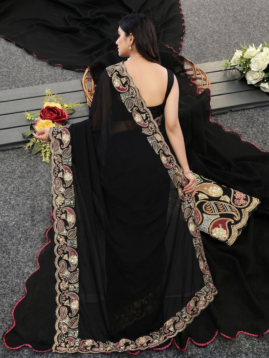 Black Solid Georgette Saree With Embroidered Border - Image 2
