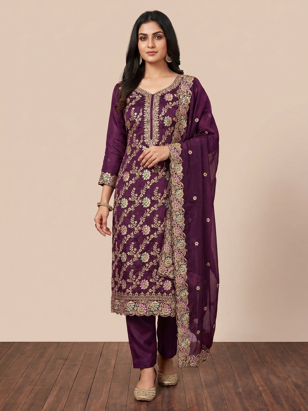Purple Floral Embroidery With Stonework Mulberry Silk Dress Material - Image 1
