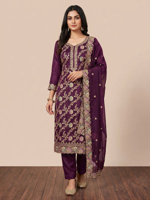 Purple Floral Embroidery With Stonework Mulberry Silk Dress Material - Image 1