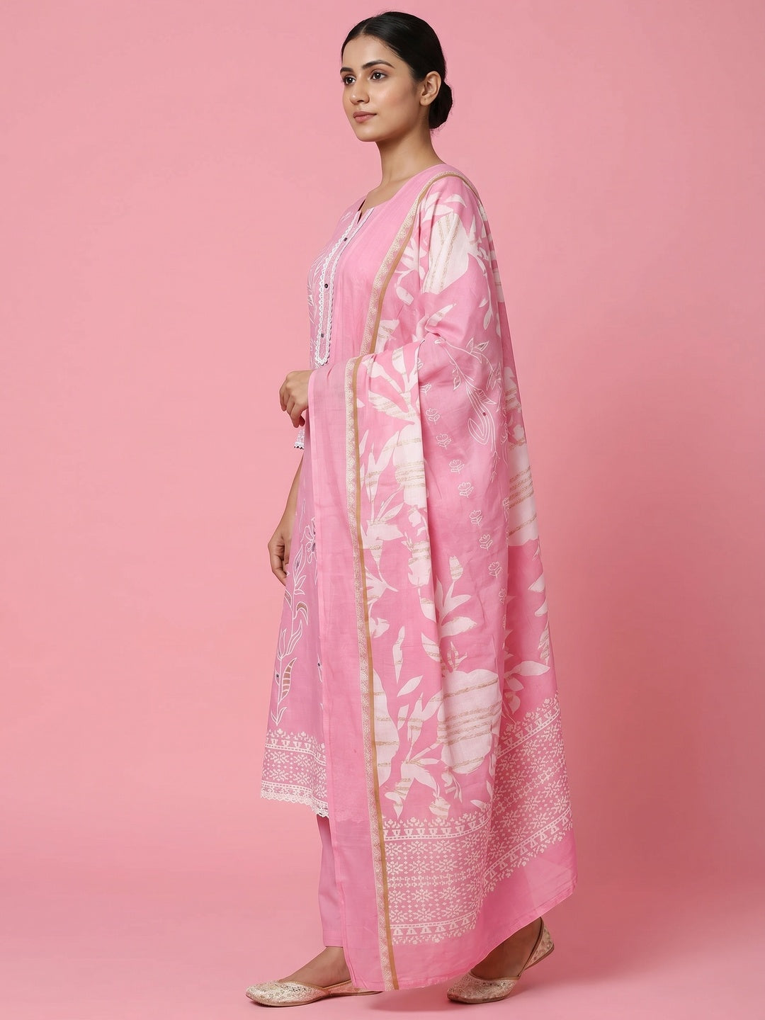 Pink Floral Foil Printed Pure Cotton Dress Material - Image 2