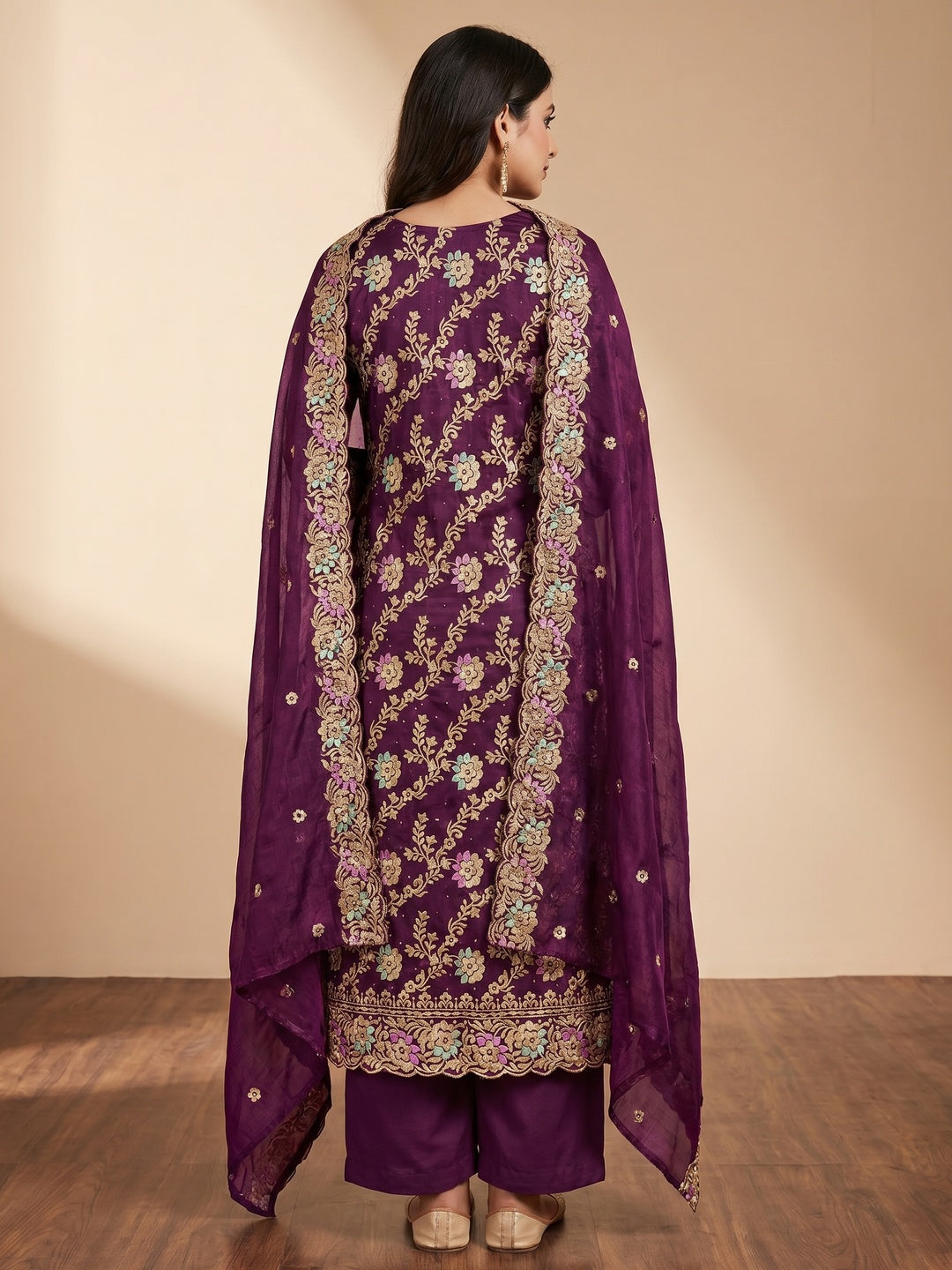 Purple Floral Embroidery With Stonework Mulberry Silk Dress Material - Image 2
