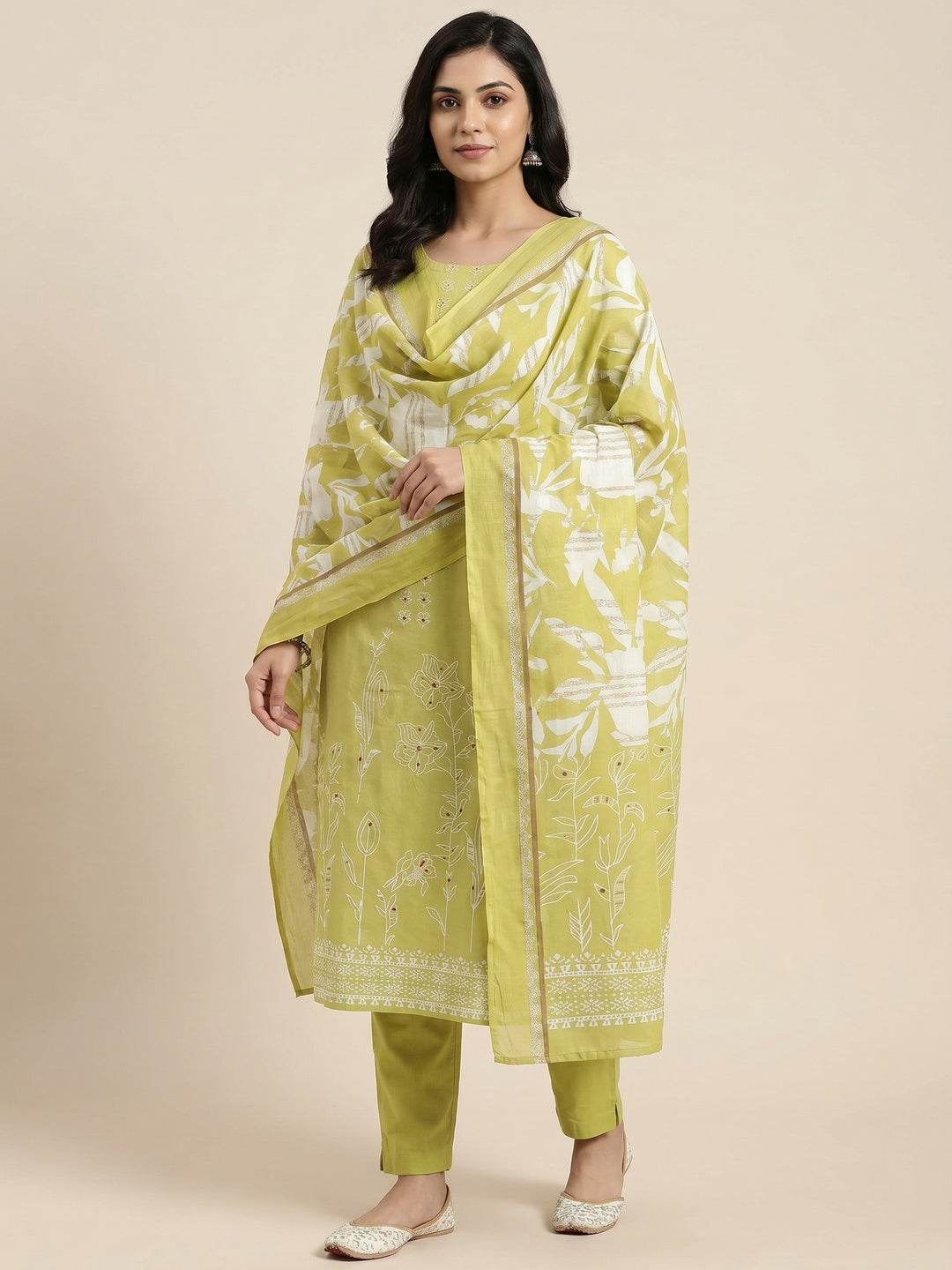 Green Floral Foil Printed Pure Cotton Dress Material - Image 1