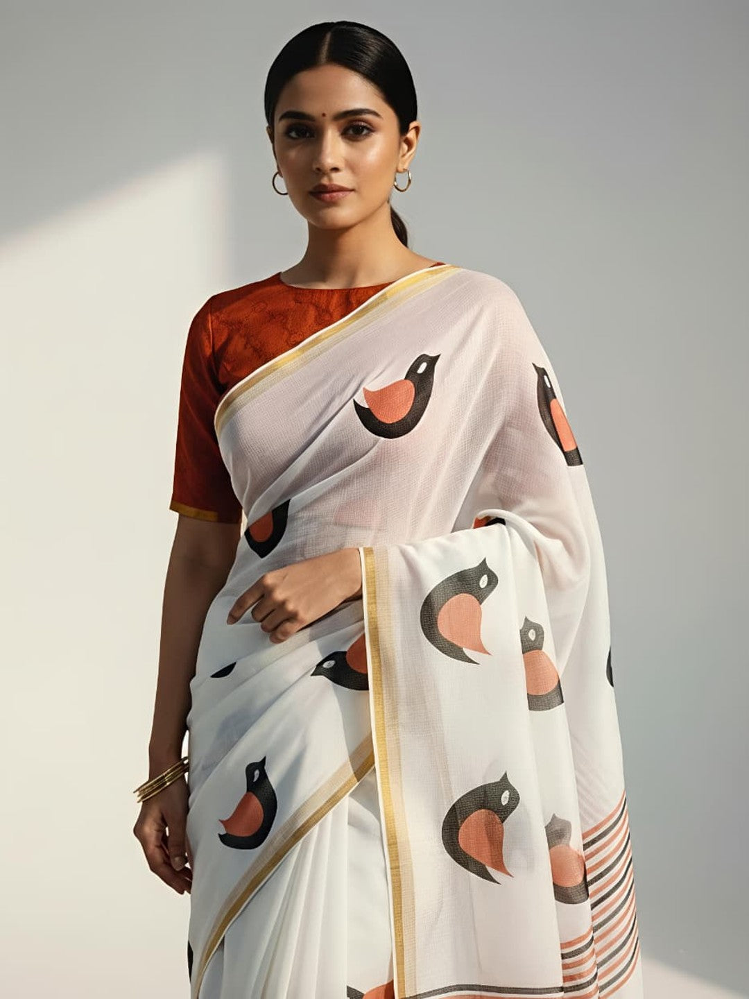 Peachmode Cream Linen Cotton Saree with Artistic Motifs - Image 1