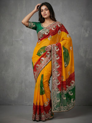 Peachmode Yellow Georgette Saree with Paisley Embellished Work - Image 1