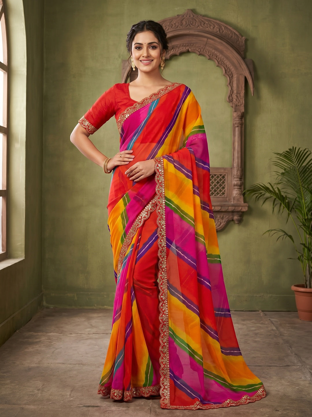 Peachmode Multicolor Georgette Leheriya Print Saree - Image 1
