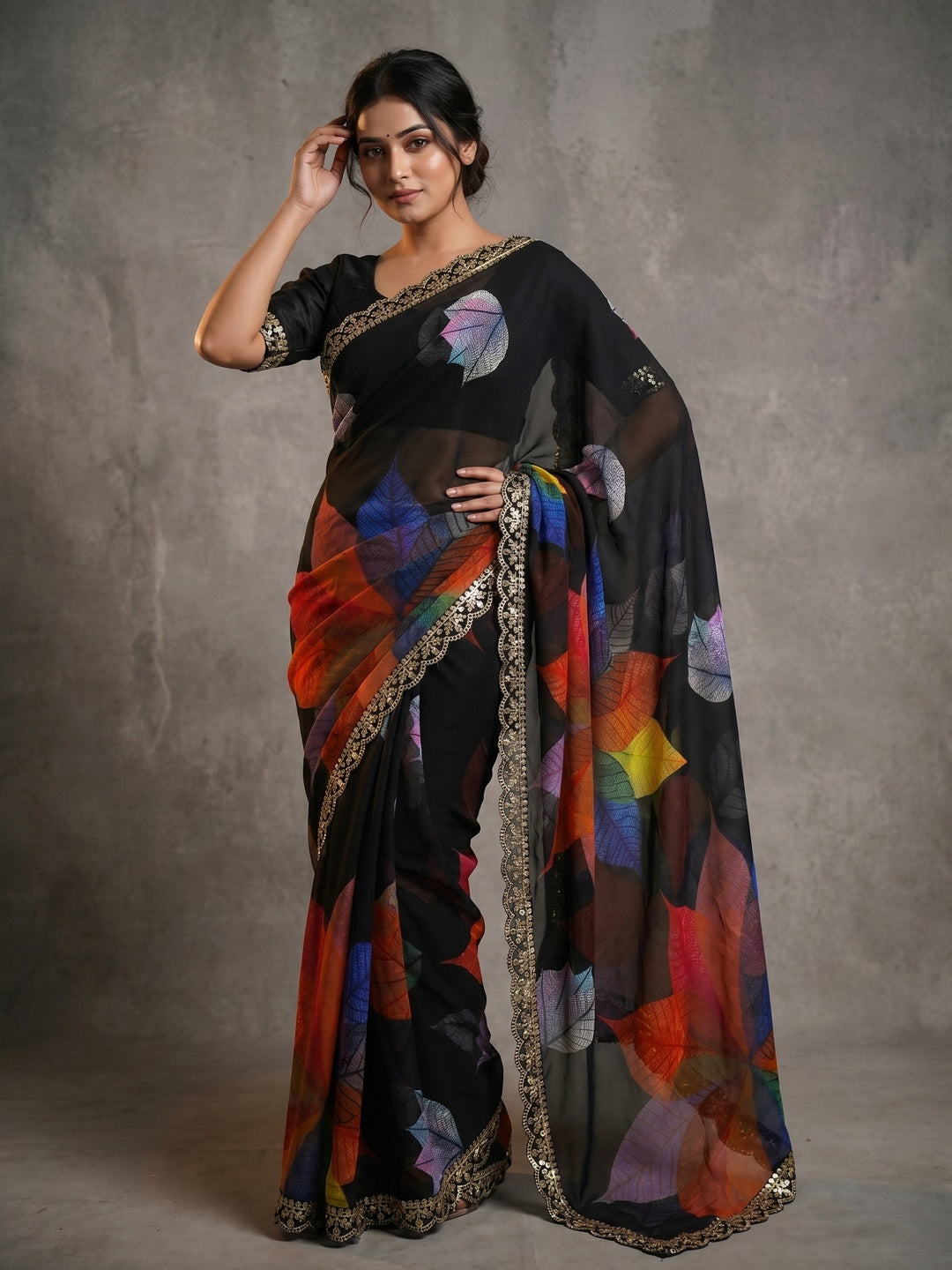 Peachmode Black Georgette Saree with Multicolor Leaf Motifs - Image 1