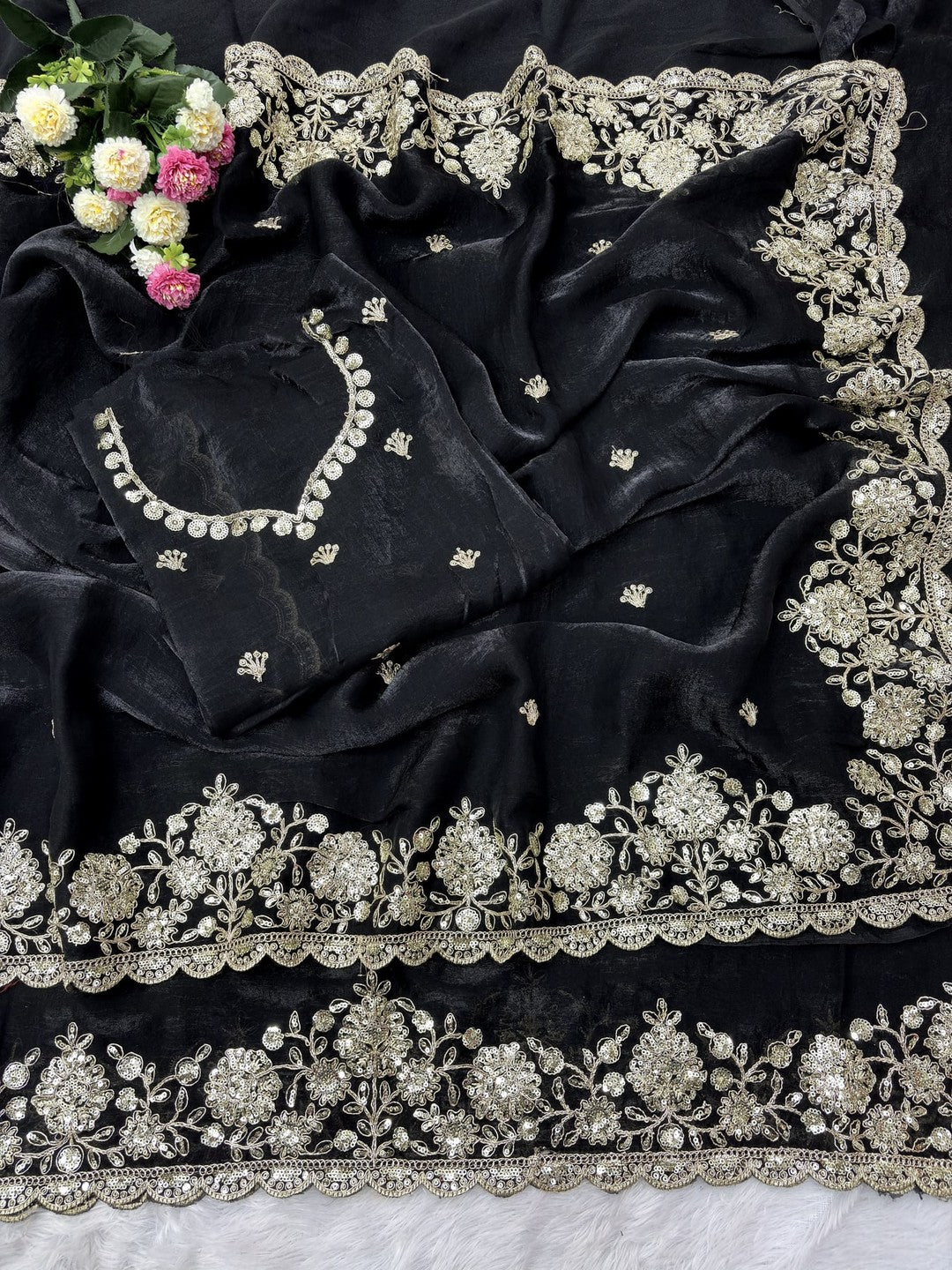 Peachmode Black Silk Saree with Sequins Zari Embroidery - Image 4
