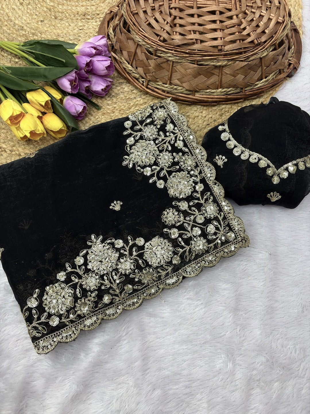 Peachmode Black Silk Saree with Sequins Zari Embroidery - Image 6