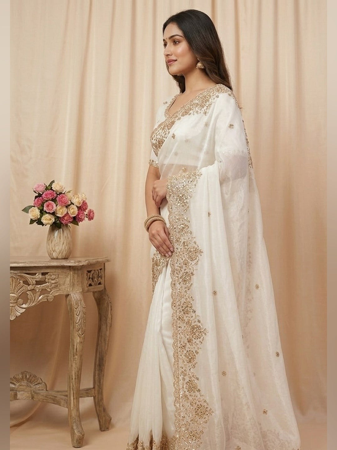 Peachmode White Silk Saree with Sequins Zari Embroidery - Image 3