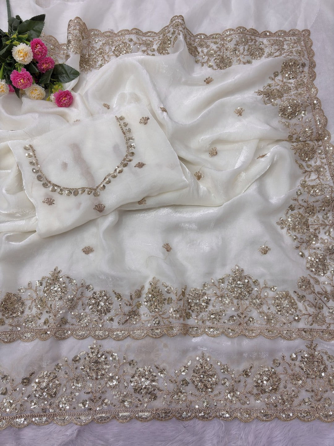 Peachmode White Silk Saree with Sequins Zari Embroidery - Image 4