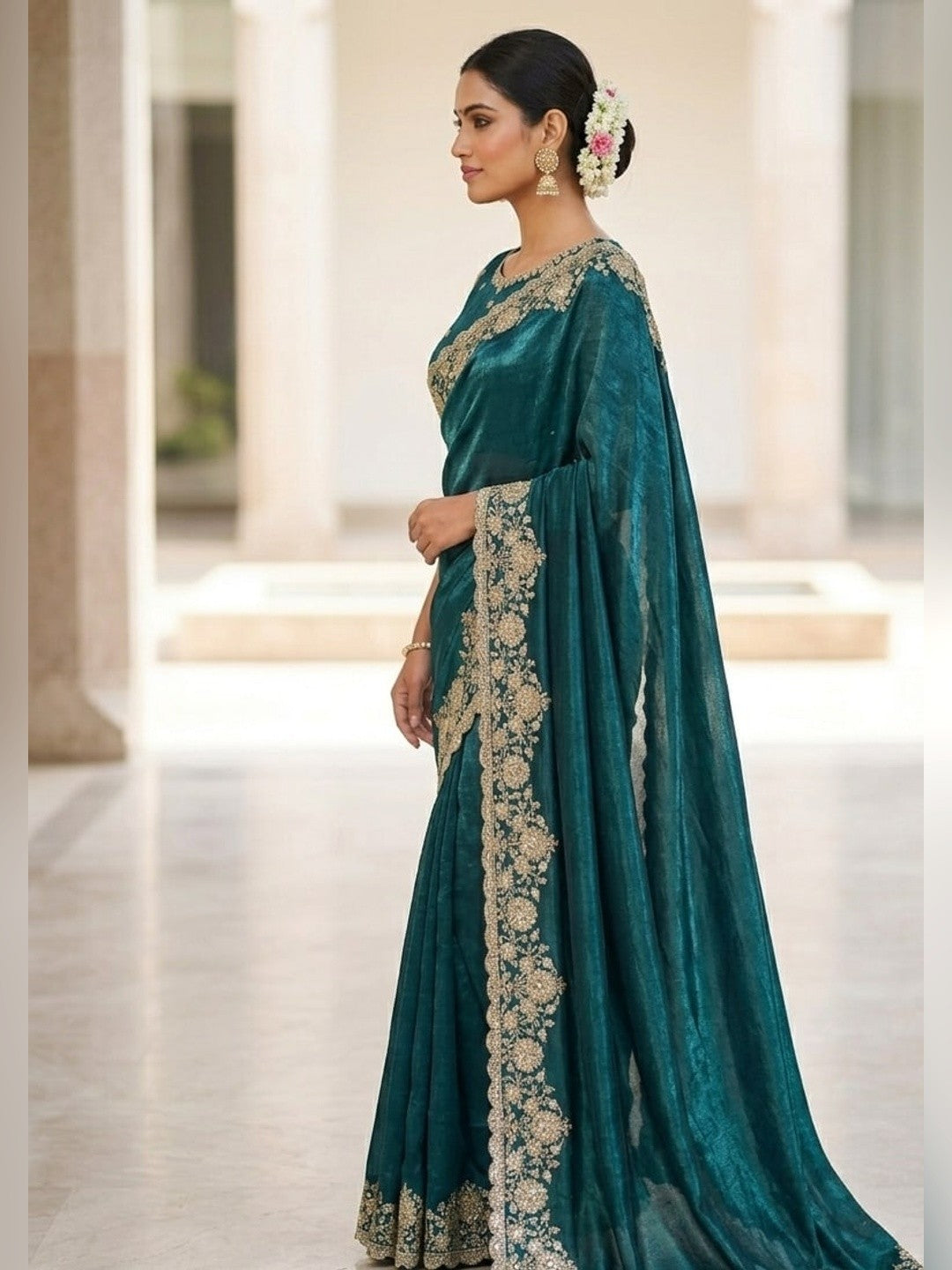 Peachmode Teal Silk Saree with Sequins Zari Embroidery - Image 3