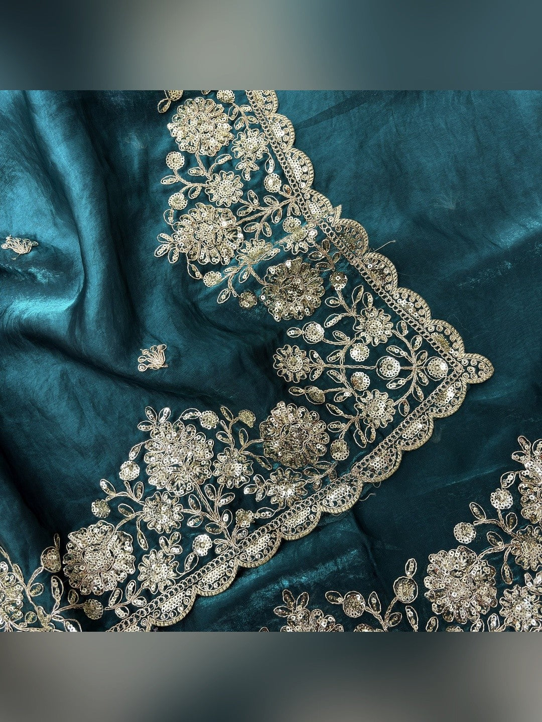 Peachmode Teal Silk Saree with Sequins Zari Embroidery - Image 5