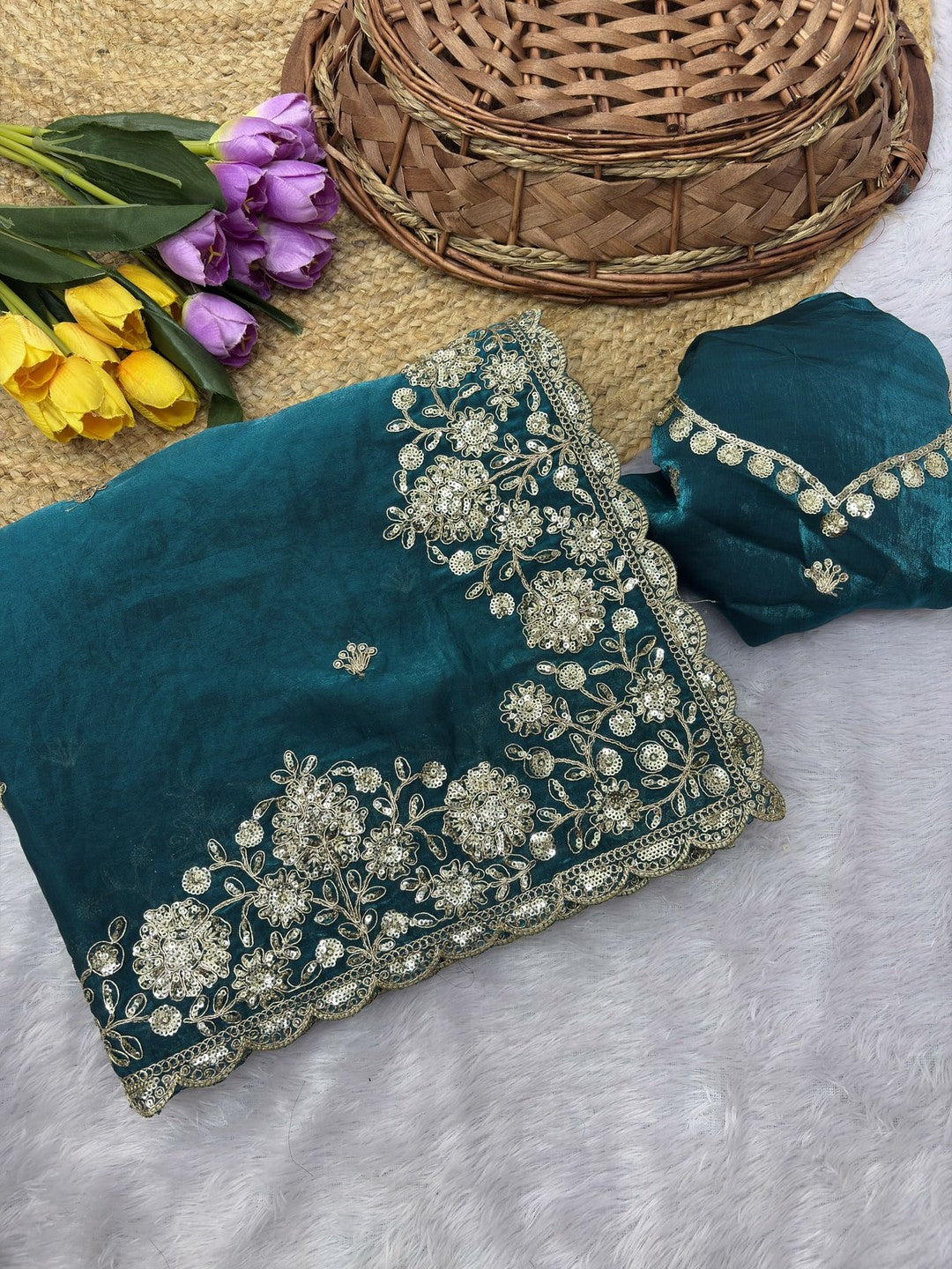 Peachmode Teal Silk Saree with Sequins Zari Embroidery - Image 6