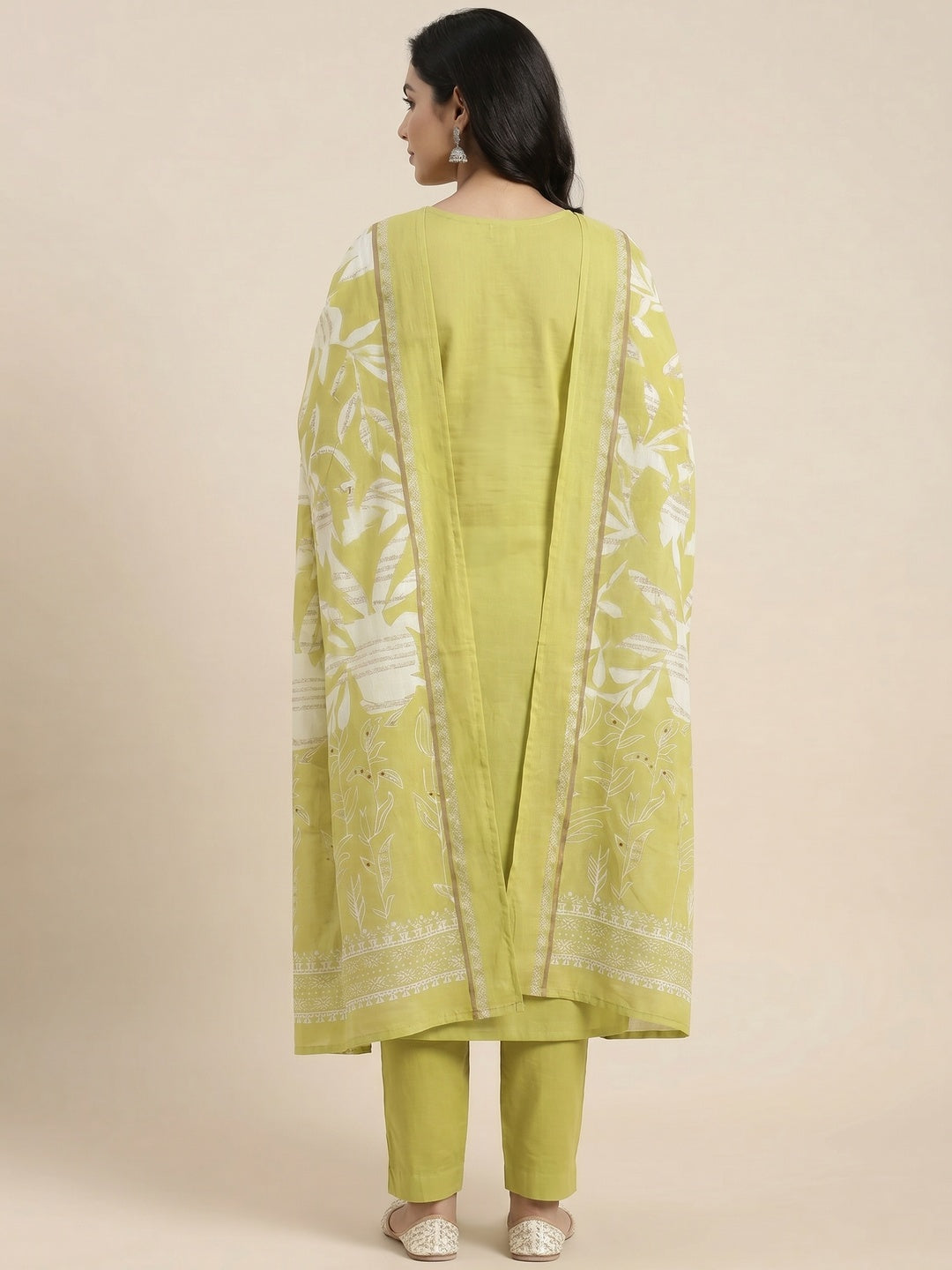 Green Floral Foil Printed Pure Cotton Dress Material - Image 3
