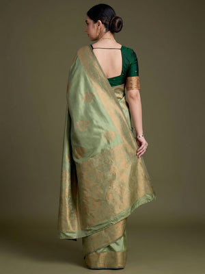 Green Floral Woven Banarasi Silk Saree - Image 1