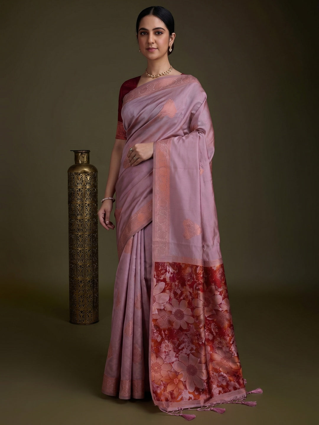 Dusty Pink Floral Woven Banarasi Silk Saree - Image 1