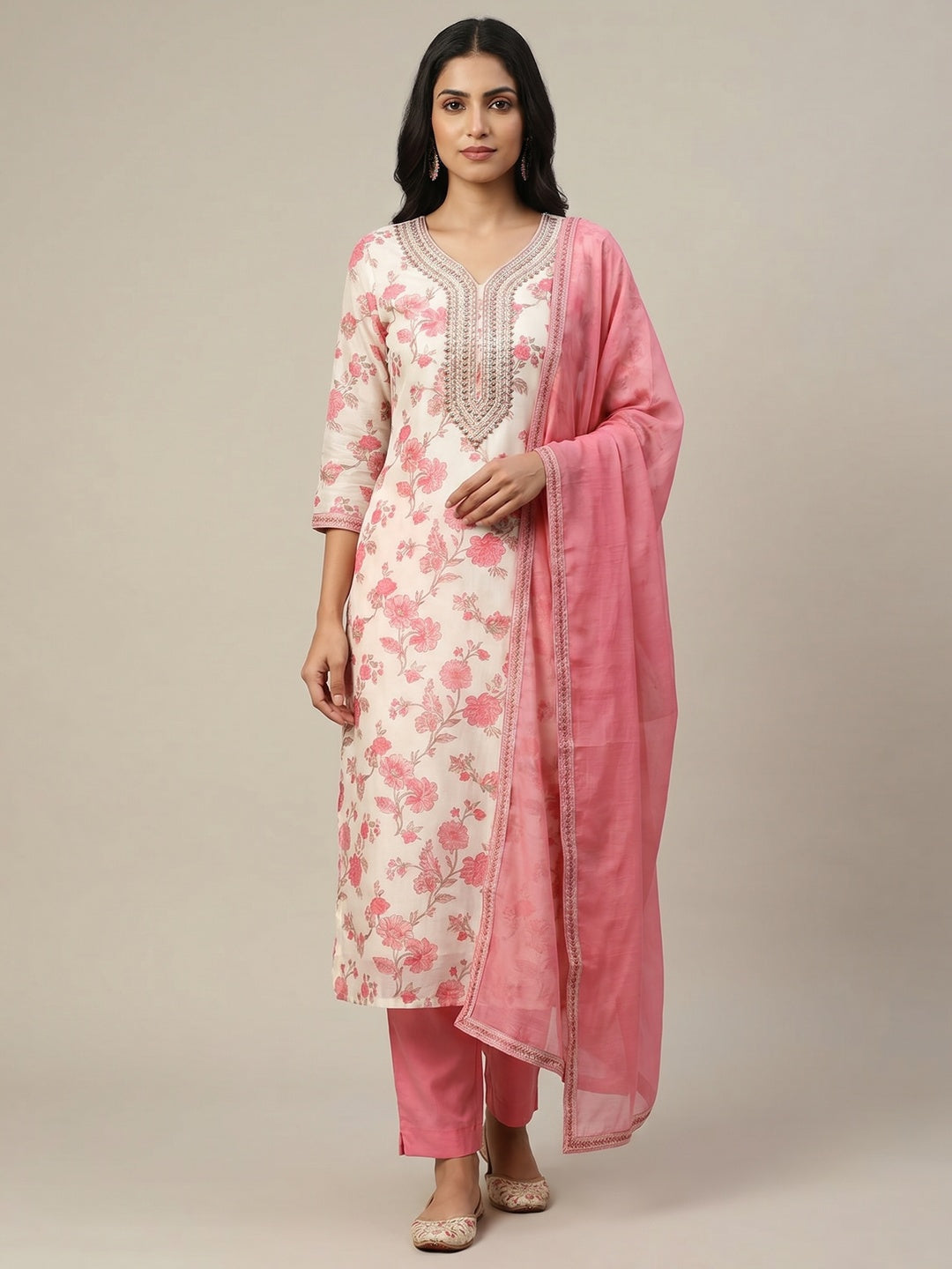 Off White & Pink Floral Printed Chanderi Dress Material - Image 1